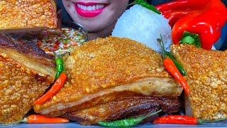 ASMR CRISPY PORK BELLY LECHON, SPICY DIPPING SAUCE, CHILI, RICE MUKBANG MASSIVE Eating Sounds