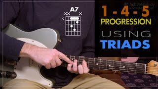 Use these easy triads to play a 1-4-5 chord progression in ANY key. CAGED Guitar Lesson EP446