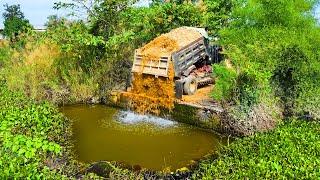 First Start Making Road Landfill in Pond Flooded !! Bulldozer Push Stone ,Truck 5Ton Spreading Stone