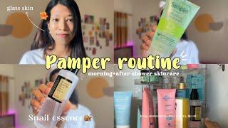 Pamper routine🫧my morning skincare + after shower skincare routineAgaro rose quartz Face roller