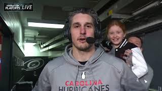 Kuzy and his daughter made a cameo in Skjei's postgame interview 