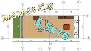 MẶT BẰNG CÔNG NĂNG NHÀ PHỐ 3 TẦNG KÍCH THƯỚC 5,5X16M