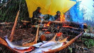 Camping in the Heavy Rain | Wild Trout Fishing Catch & Cook on the Campfire ASMR