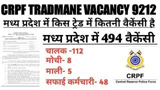 Crpf tradmane vacancy out  9212 || madaya pradesh me crpf vacancy 494 ||