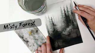 Real time MISTY FOREST tutorial » how to paint foggy pine trees in watercolor for beginners