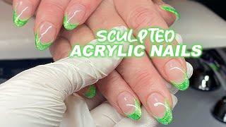 Acrylic Nail Tutorial with Green Glitter French Tips  Sculpted Nails