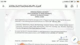 HPU Admission Notice for Ph.D Entrance Test for the session 2020-21 || All subjects