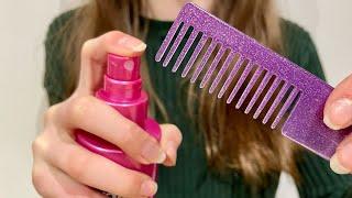 ASMR Spraying + combing your hair | lots of different sprays sounds | hair combing | visual triggers