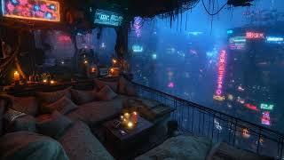  Cozy Balcony Oasis: Rain and Ambient Music | Cyberpunk Bedroom above the City | 4K | 10 hours