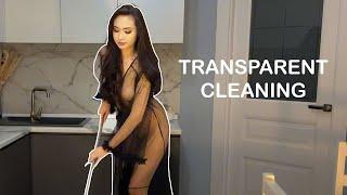 Mopping the Floor in Transparent Black Dress - Clean With Me I Try on Haul - See Through Lingerie