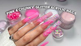  3XL Pink Acrylic Nails Marble Nail Tutorial & Chat |  VALENTINES PINK NAIL IDEAS 