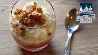 Dom Chapman creates a warm vanilla rice pudding recipe with, peaches and granola