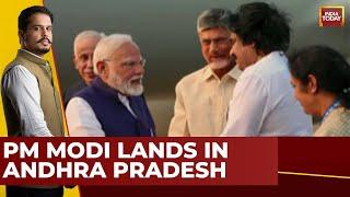 PM Modi Lands In Andhra Pradesh For NDA Road Show With CM Naidu And Deputy CM Pawan Kalyan