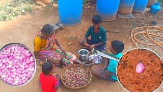 Village Life Cooking Small Onion Thokku, grandmaa kitchen is outdoor Coocking and Eating....