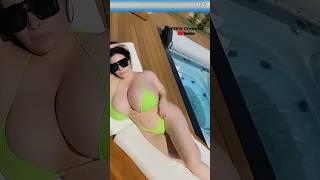 Korina Kova In Neon Green Swimwear By The Pool