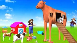 Long Leg Cow Mud House Building in Farm | Cows Cartoon Videos | Horse, Sheep, Pigs Farm Animals