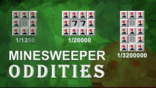 Minesweeper oddities and their probabilities: 8, 77, 8-8; no 0,1,2 boards; 1-click boards.