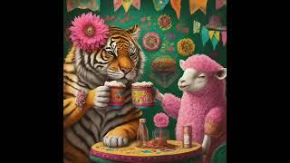 a tiger drinking coffee with a sheep