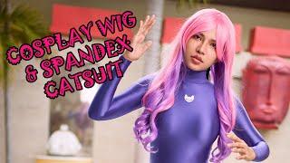 Cosplay Wig Try-On with Cute Girl in Spandex Catsuit