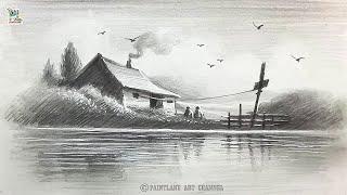 How to draw lake side house with Pencil Sketch and Shading