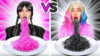 PINK VS BLACK FOOD CHALLENGE || Wednesday Adams VS Enid One Color Snacks Challenge by 123 GO!