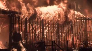 Ammonia nitrate fire burns a metal building to collapse in HD