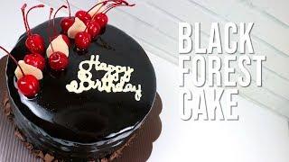 BLACK FOREST CAKE DENGAN CHOCOLATE MIRROR GLAZE UNTUK KUE ULANG TAHUN