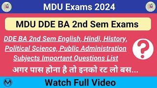 MDU DDE BA 2nd Semester All Subject Important Questions | Watch Full Video |