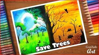 How to draw save trees poster chart drawing for competition (very easy) step by step