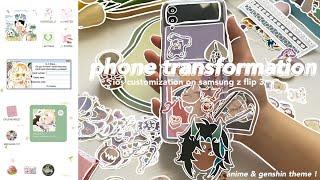 phone transformation  ー anime & genshin theme, z flip3 customization, aesthetic ios 15 setup 