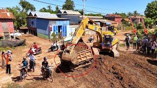 Perfect Action Of Back Driving Fail To Unload & Strong Komatsu Dozer Pushed Soil To Build Road Base