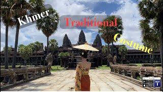 Traditional Khmer clothes with Angkor Wat temple សម្លៀកបំពាក់ខ្មែរបុរាណ