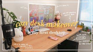 cozy desk makeover + first pc / affordable, functional desk setup  / unboxing, tech haul