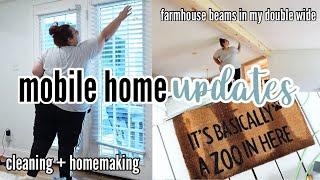 MOBILE HOME UPDATES + CLEANING + HOMEMAKING | farmhouse beam in our double wide mobile home!