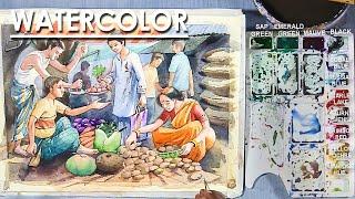 Memory Drawing : Watercolor Composition on Vegetable Market(Bazaar) | step by step