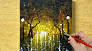 Rainy Night Street Painting / Acrylic Painting / STEP by STEP #324