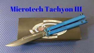 Microtech Tachyon III Balisong Knife with DLC Elmax blade and blue aluminum handles