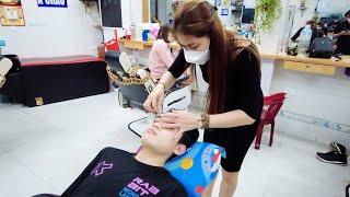 Vietnam Barbershop Relaxation Face Shave, Ears Cleaning Full Relax Service in Street With Girl 6 USD