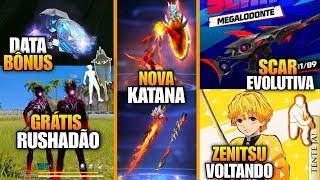 SKIN GRÁTIS RUSHADÃO, ZENITSU DEMON SLAYER, BÔNUS DE DIAMANTE, SCAR MEGALODON E+ NOVIDADES FREE FIRE