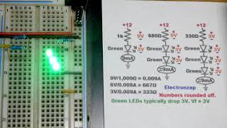 Resistance For 9 milliamps Of Current Through Green LEDs With 12 Volt Supply 9mA and 12V