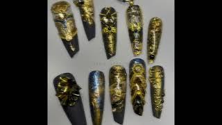 【Baroque Splendor】Siva Design Gold & Black Press-On Nails: Embrace Opulent Elegance!