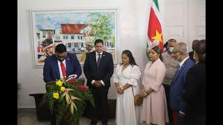 De president van Guyana, Ifraan Ali, ontvangen door president Chandrikapersad Santokhi, Suriname.