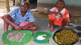 Rainy Season Primitive village fishing technique। tiny fish fry recipe in banana leaf