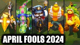 All New April Fools Skins Spotlight 2024 Ornn Cho'Gath Twitch Rammus Zac (League of Legends)