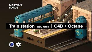 C4D HOW MADE train station - Cinema 4D (Octane Render) - Lowpoly Isometric Timelapse