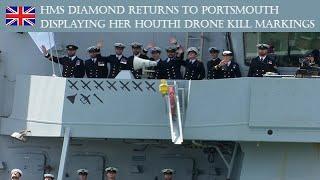 HMS Diamond returns to Portsmouth displaying her Houthi drone kill markings