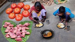 NEW STYLE chicken cooking & eating with TOMATOES by santali GRANDMOTHER & GRANDSON | Rural Life