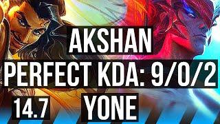 AKSHAN vs YONE (MID) | 9/0/2, 7 solo kills, 900+ games, Legendary | KR Master | 14.7