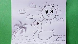 #duckscenerydrawing How to Draw Easy Duck Scenery with Sun |Pencil Art||DUCK DRAWING|