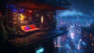 Neon Winter Balcony: Snowfall and Dark Ambient Music | Cyberpunk Loft Over the City | 12 hours